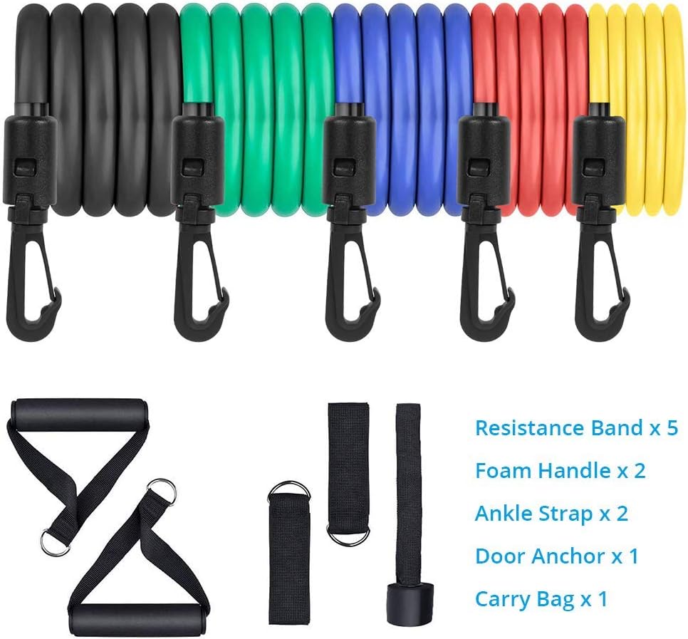 SKY-TOUCH Portable Exercise 11Pcs Resistance Band Set Stackable Up to 150 Lbs (5 Stackable Exercise Bands with Door Anchor, Ankle Straps Carrying Case) Exercise Stretch Fitness Home Set