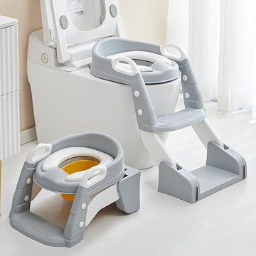 Yakiter Potty Training Seat with Step Stool Ladder, 2 in 1 Foldable Seat Anti-Slip Pad Safe Handles for Kids,Adjustable Height Non-Slip Step Ladder Splash Guard